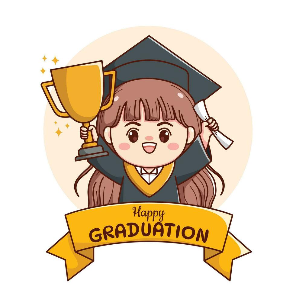 bandera o cinta contento graduación niña con participación trofeo y papel linda kawaii chibi dibujos animados vector