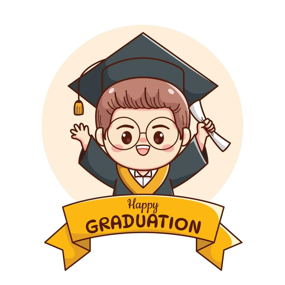 Banner or ribbon happy graduation boy wearing glasses with cap and gown cute kawaii chibi cartoon vector