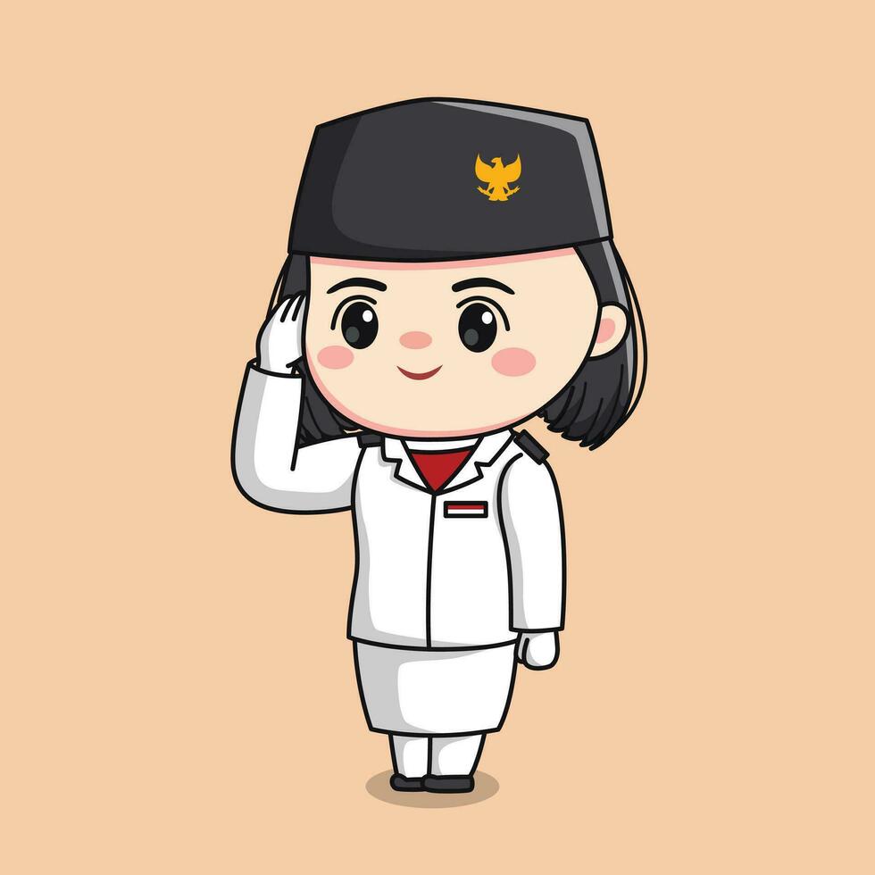 indonesia independence day flag raiser female character saluting chibi kawaii vector