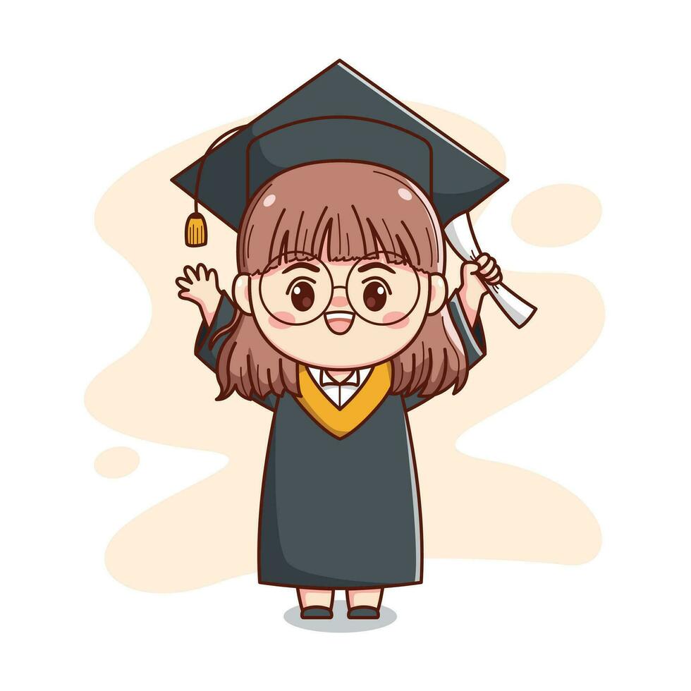 happy graduation cute girl wearing glasses with cap and gown cute kawaii chibi cartoon vector