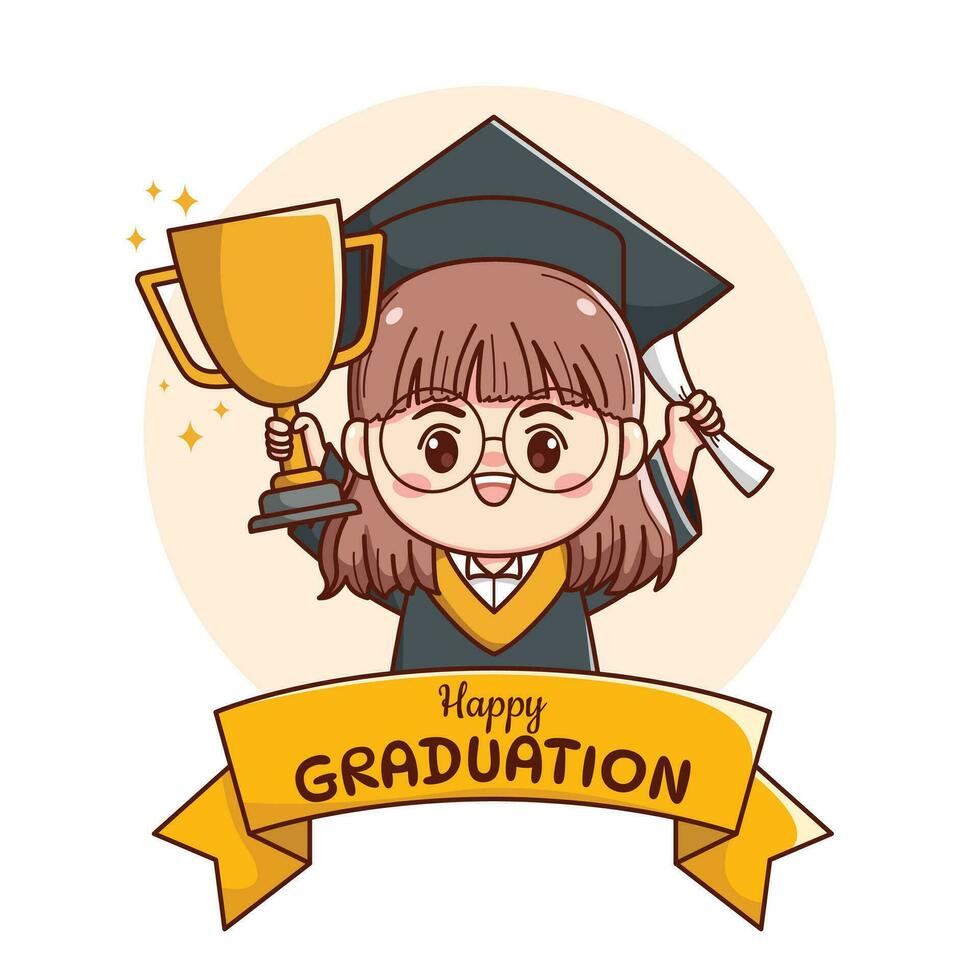 bandera o cinta contento graduación niña con participación trofeo y papel linda kawaii chibi dibujos animados vector