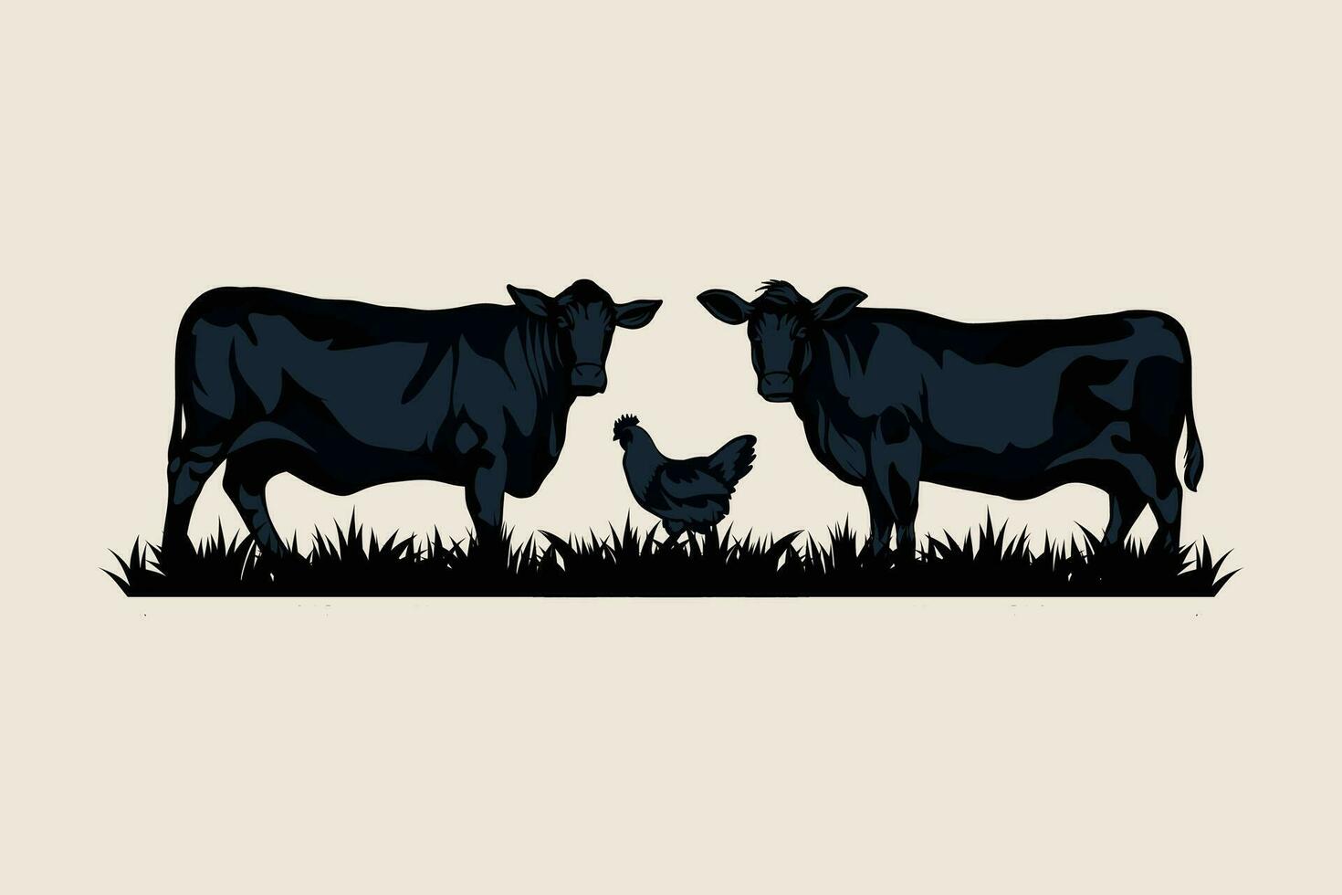 vector illustration of two cows and one chicken in the middle. Black silhouette cow isolated hand drawn.