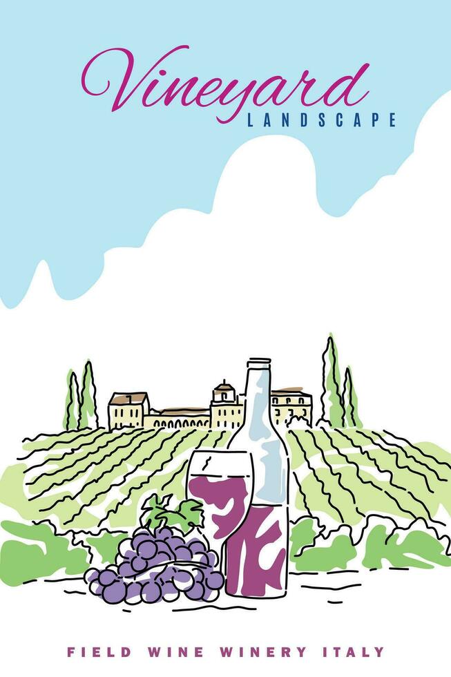 Vineyard farm landscape flat color typography poster. Wine and and wine. Vector illustration for social, banner or card.