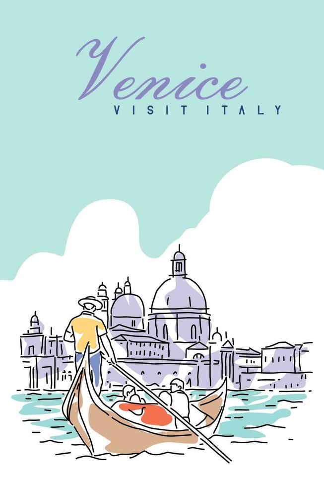 Venice Italy poster retro style. Grand Canal, gondoliers, architecture, vintage cards. Line abstract vector illustration postcard