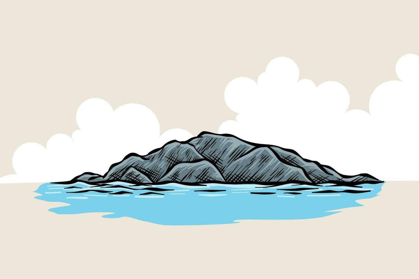 View of mountains, lake, sky and sea, rocks. Vector hand drawn illustration.