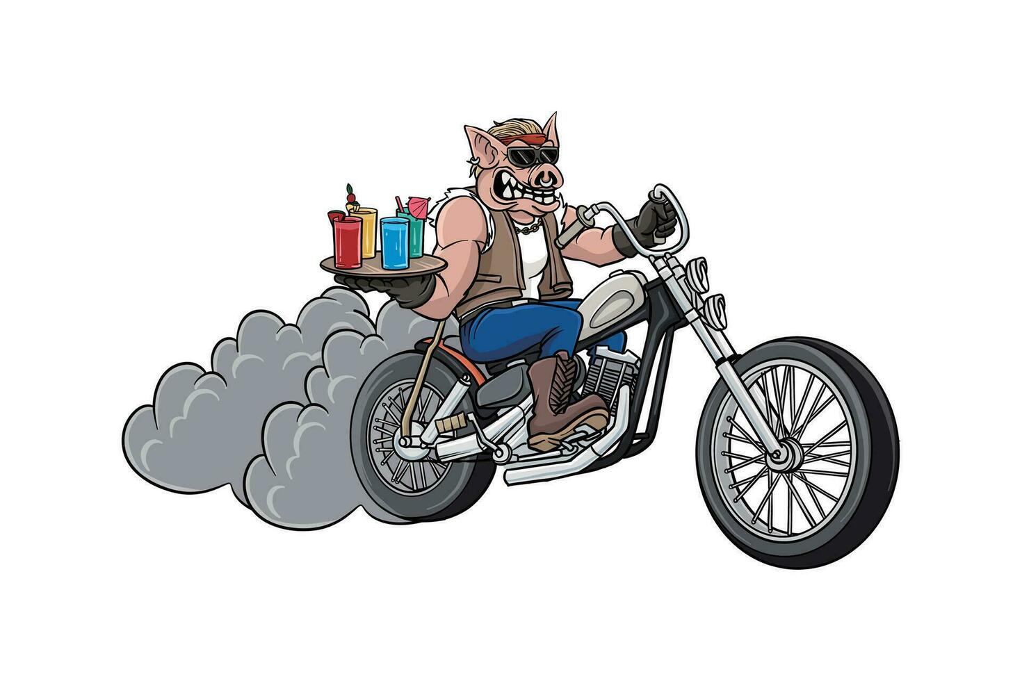 vector illustration of a pig riding a chopper motorcycle