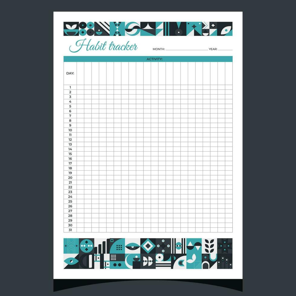 Habit tracker geometric. Habit tracker printable template with geometric shapes. Blank white notebook page A4. Vector illustration.