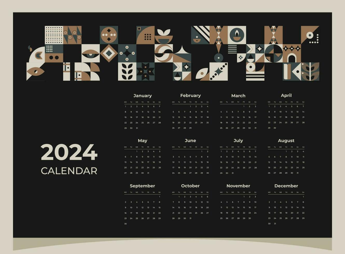 calendario 2024 geométrico patrones. calendario modelo para 2024 año con geométrico formas vector