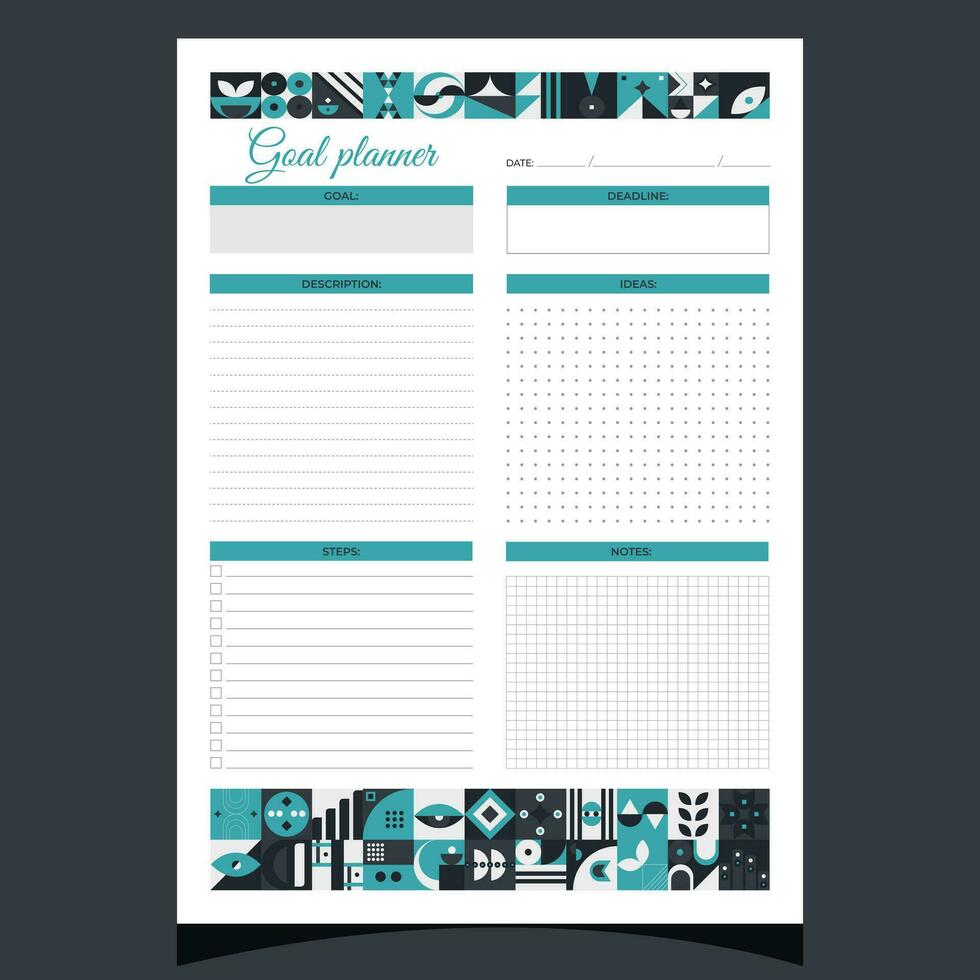 Goal planner geometric. Goal planner printable template with geometric shapes. Blank white notebook page A4. Vector illustration.