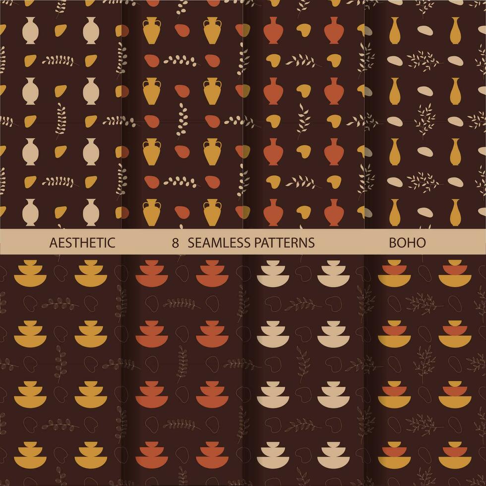 Aesthetic patterns. Boho patterns. Set of seamless pattern with vases, leaves and abstract shapes in boho and aesthetic style. Vector Illustration.