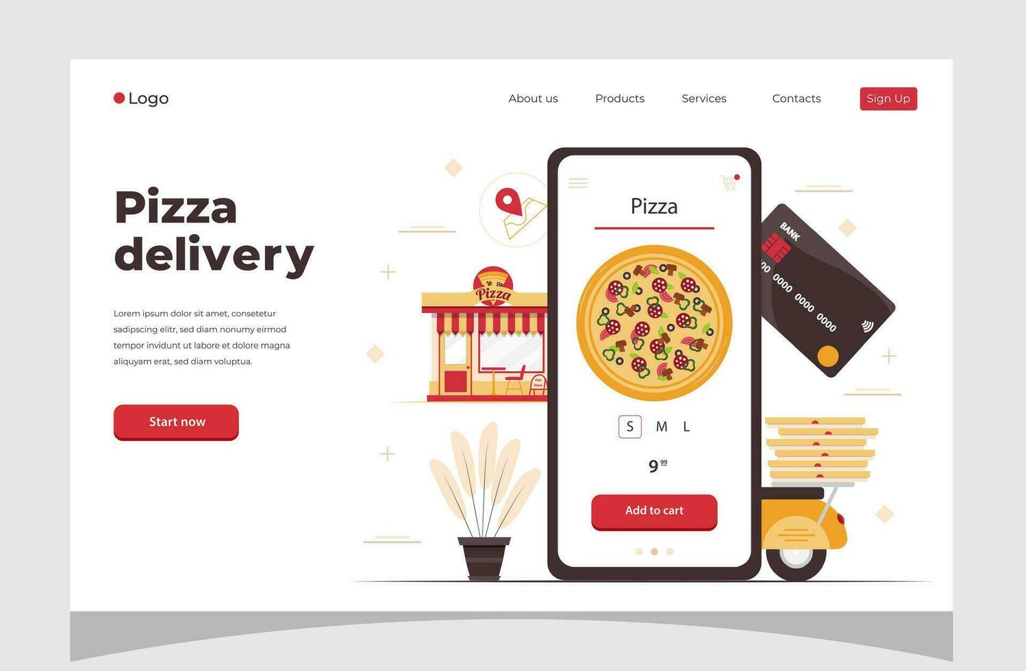Food online order smartphone. Pizza delivery. Food delivery concept for banner, website design or landing web page. vector
