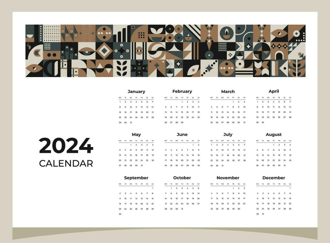 Calendar 2024 geometric patterns. Calendar template for 2024 year with geometric shapes. vector