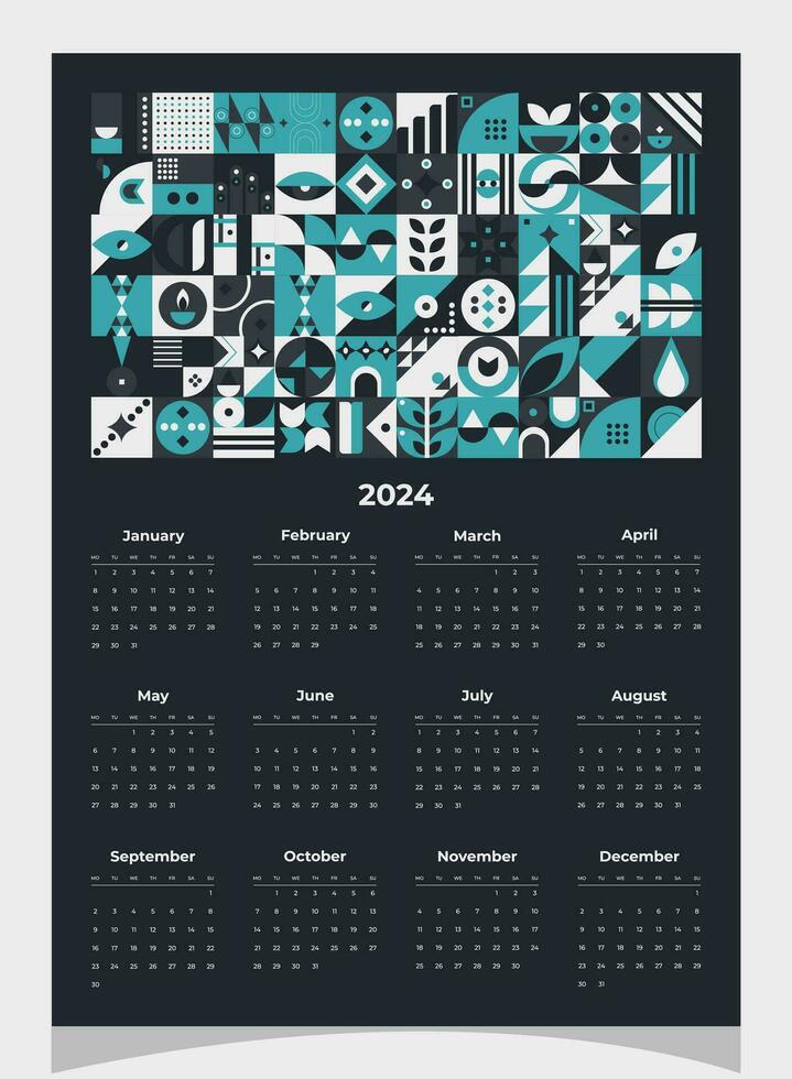 Calendar 2024 geometric patterns. Calendar template for 2024 year with geometric shapes. vector