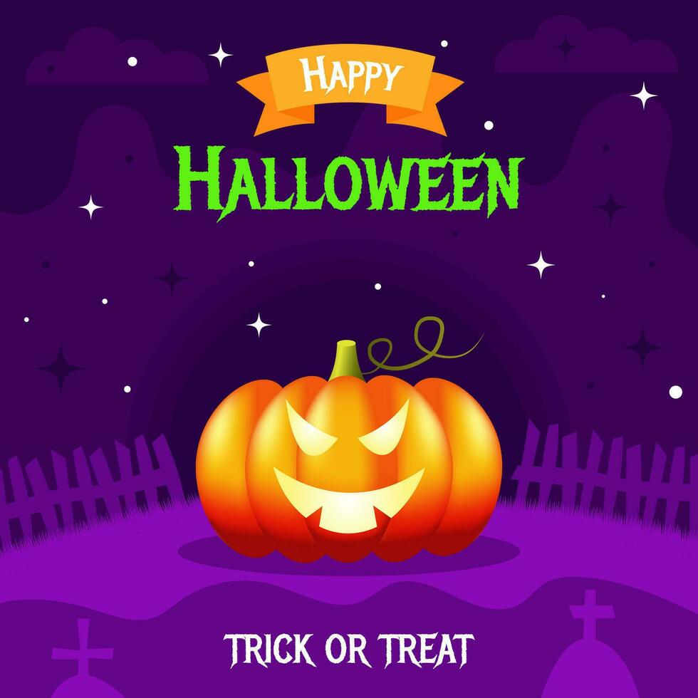 Halloween greeting card, invitation, banner, background with pumpkin, fence, moon, cemetery and text. Vector illustration.