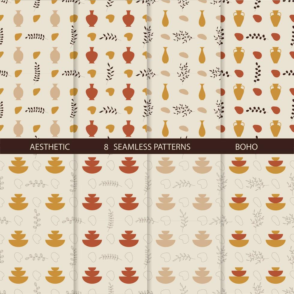Aesthetic patterns. Boho patterns. Set of seamless pattern with vases, leaves, and abstract shapes in boho and aesthetic style. Vector Illustration.