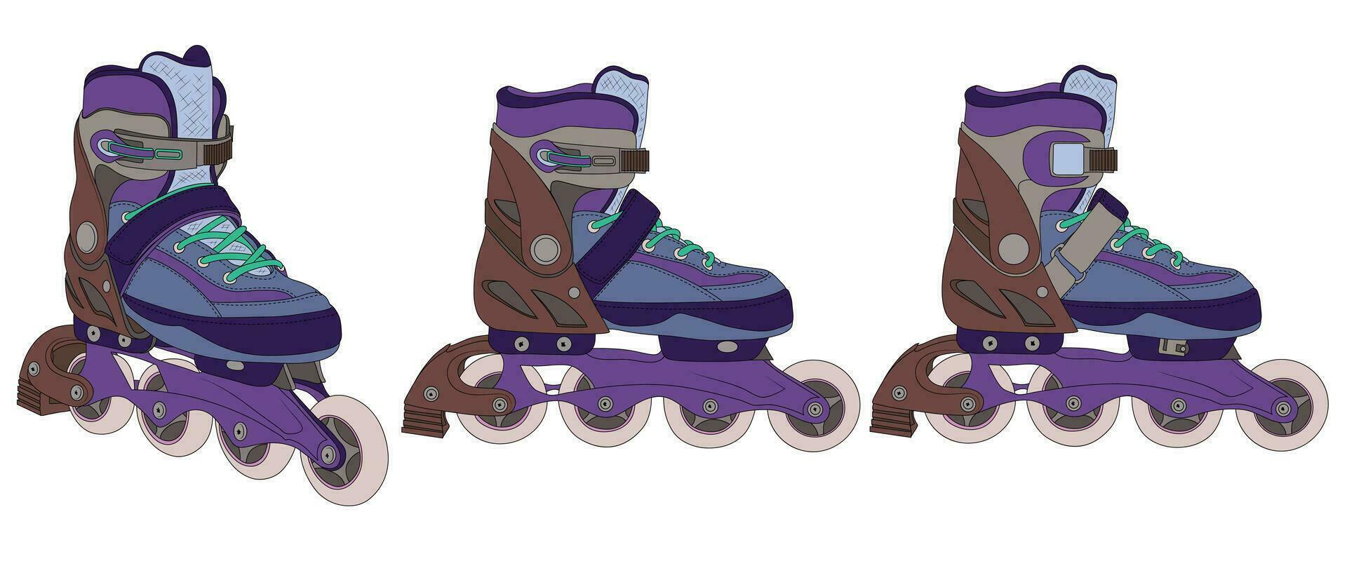Roller Skates. Sports shoes for professional roller skating. Color scheme of the model of roller skates from the front and inside. Detailed drawing. vector