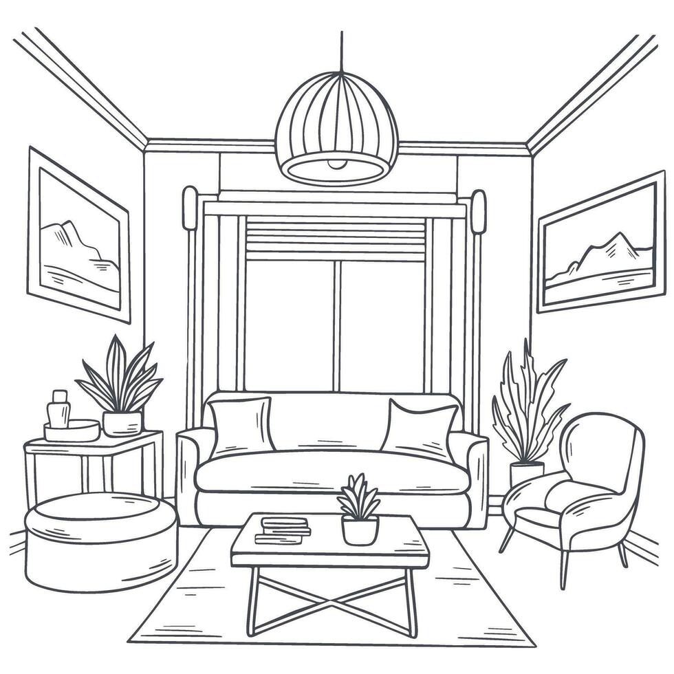 Abstract living room interior simple hand drawn illustration vector