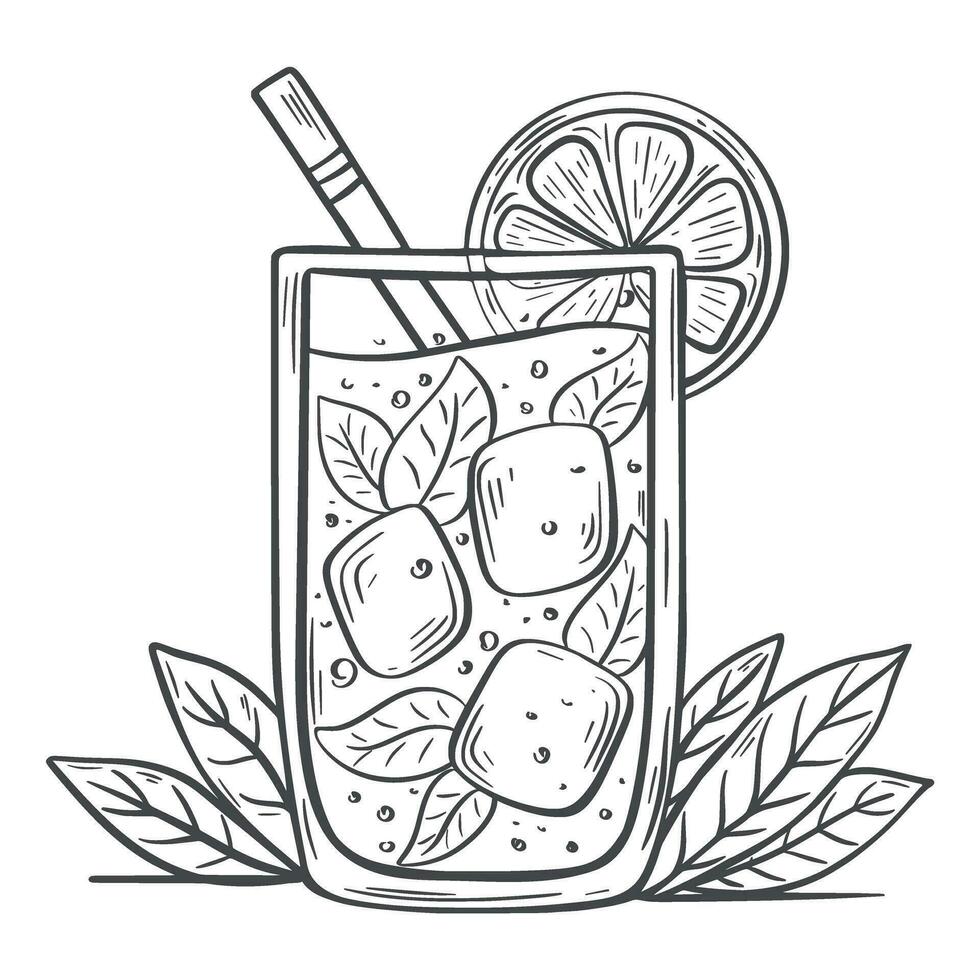 Cocktail with lemon, mint leaves and ice hand drawn illustration vector