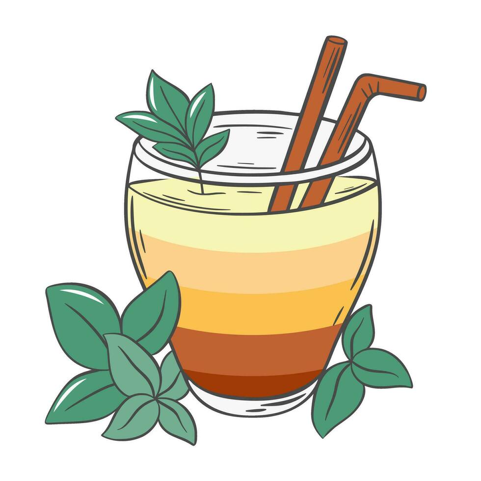 Multilayered cocktail with straw and mint leaves vector