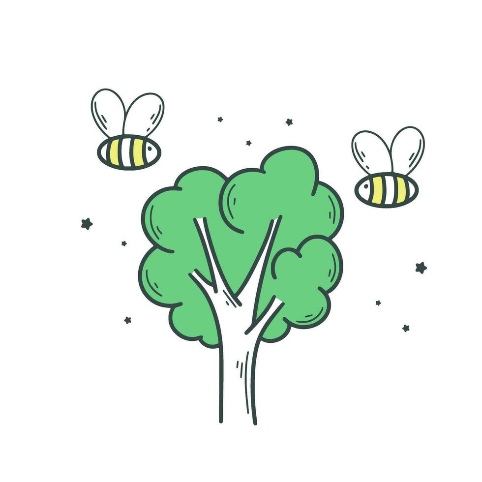 abejas dando vueltas en árbol sencillo mano dibujado ilustración vector