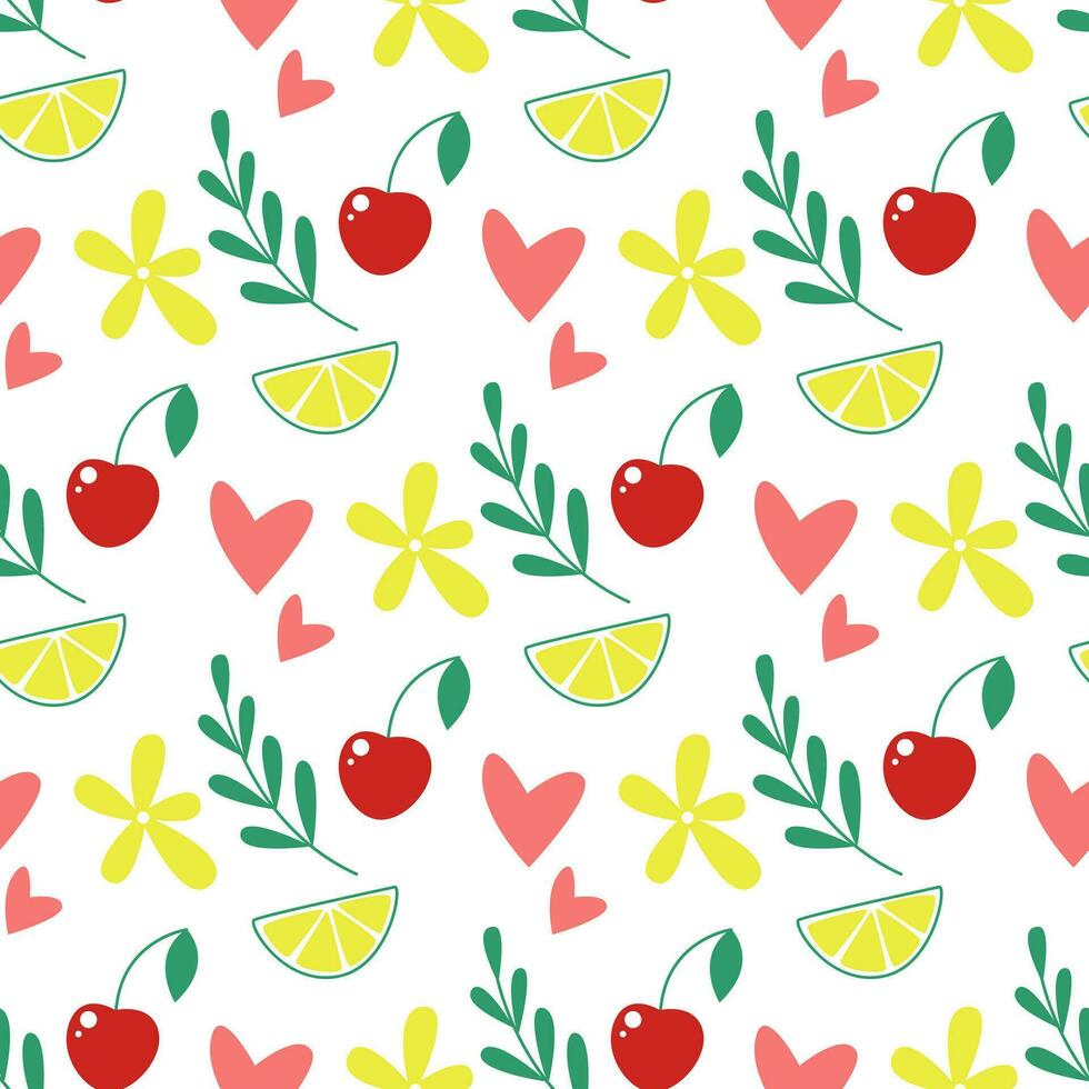Summer background with cherry, lemon, flowers and herbs seamless pattern vector