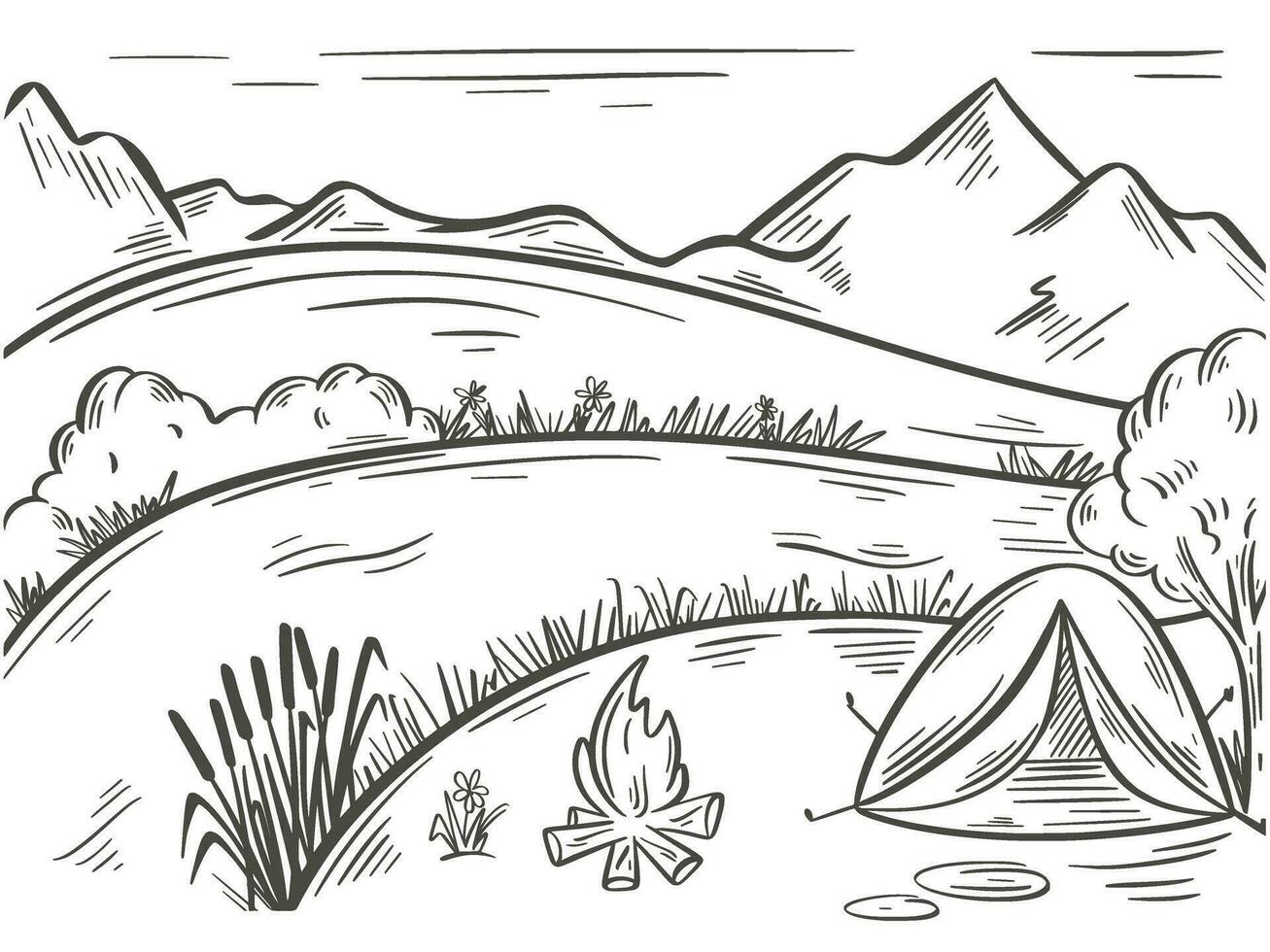 Tourist tent near river against backdrop of mountains vector