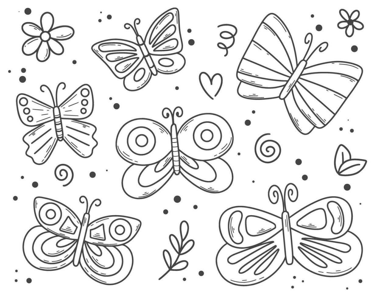 mano dibujado linda mariposa conjunto vector