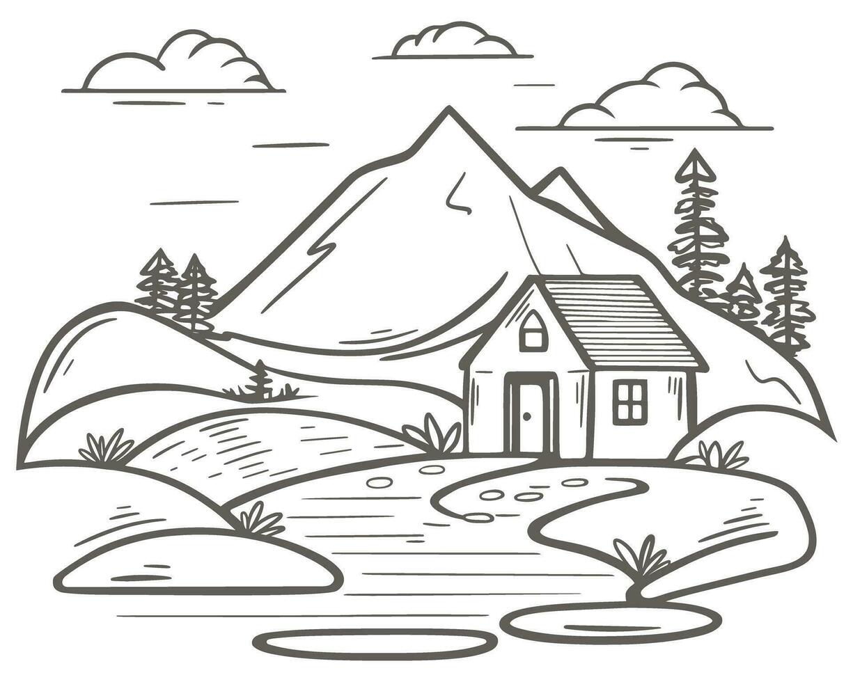 Wooden rural house hand engraved vector