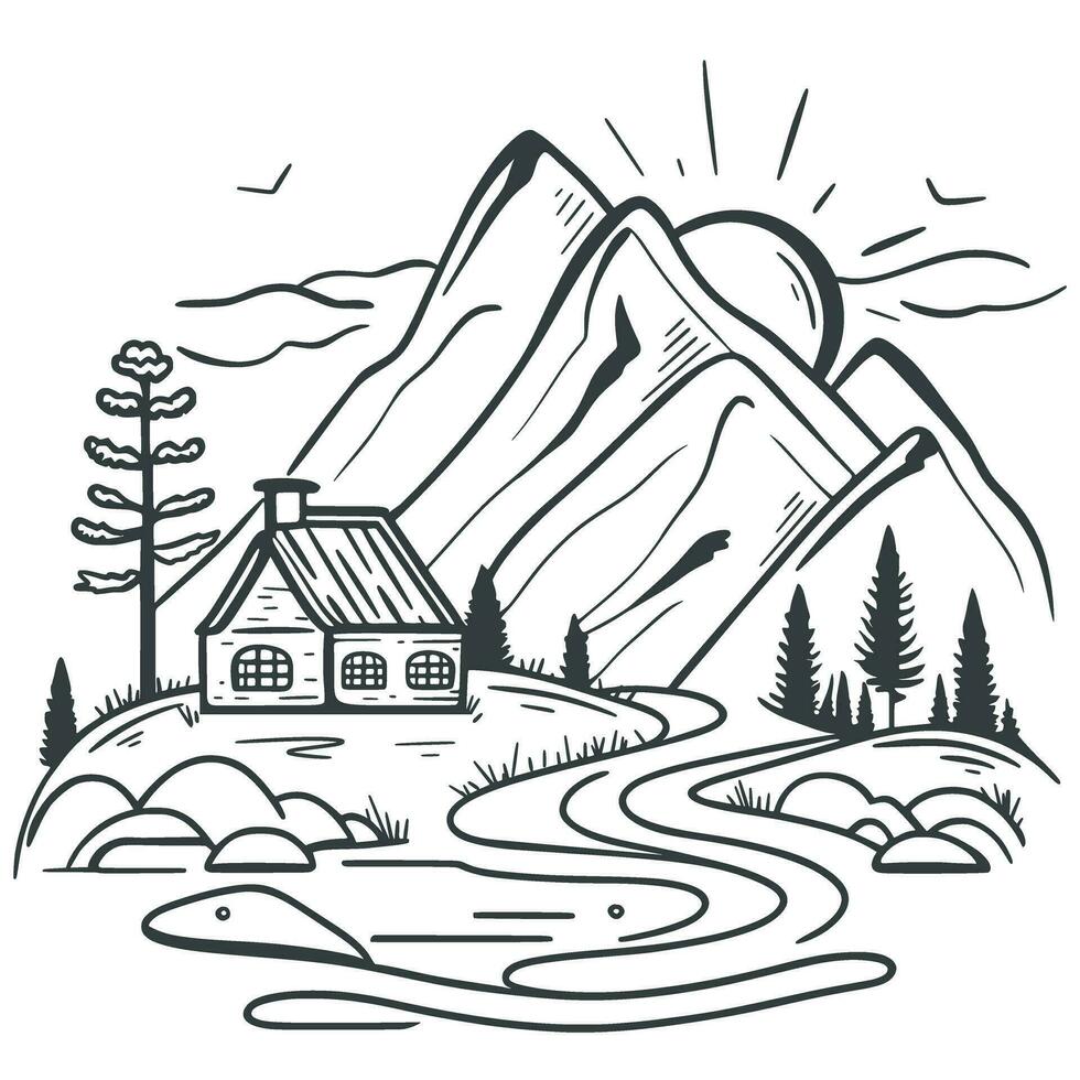 Cottage in mountains black sketch on white background vector