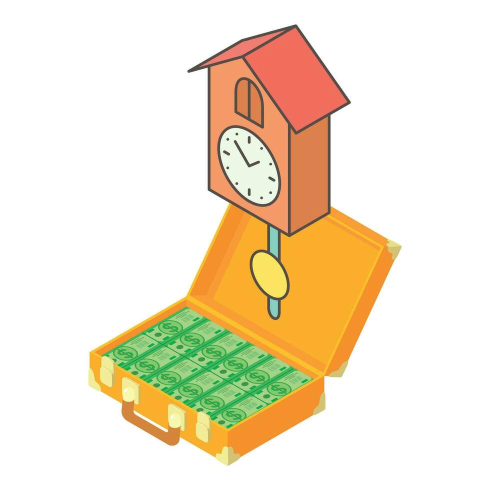 Antique investing icon isometric vector. Vintage cuckoo clock and money suitcase vector