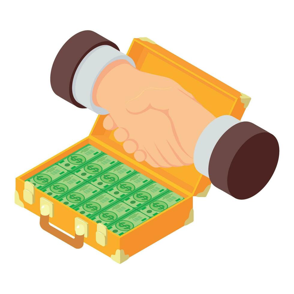 Deal concept icon isometric vector. Handshake on open money suitcase background vector