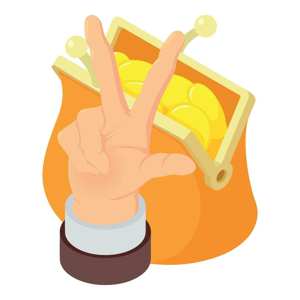 Saving concept icon isometric vector. Victory gesture and retro wallet with coin vector