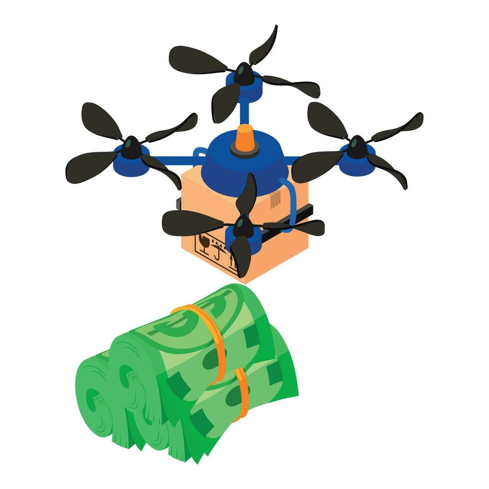 Modern delivery icon isometric vector. Quadcopter drone with box and dollar bill vector