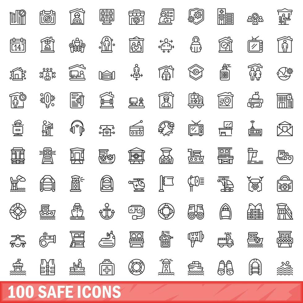 100 safe icons set, outline style vector