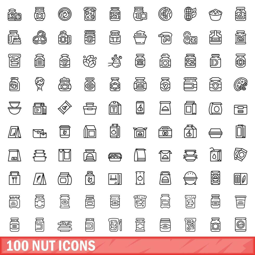 100 nut icons set, outline style vector