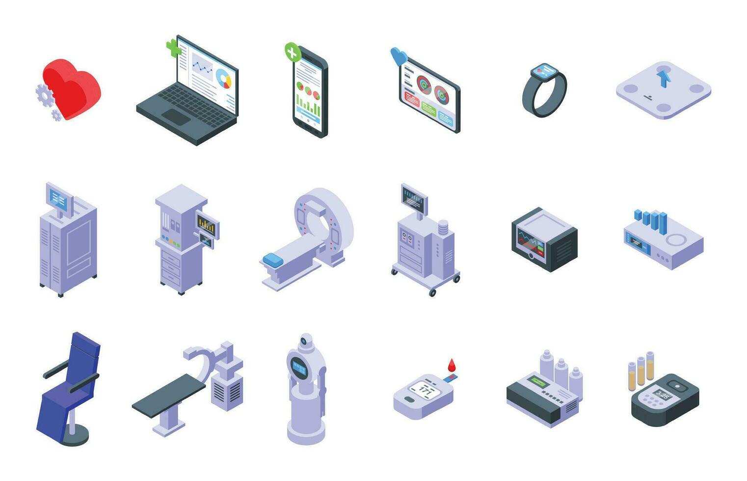 Computer diagnostics of health icons set isometric vector. Radiation therapy vector