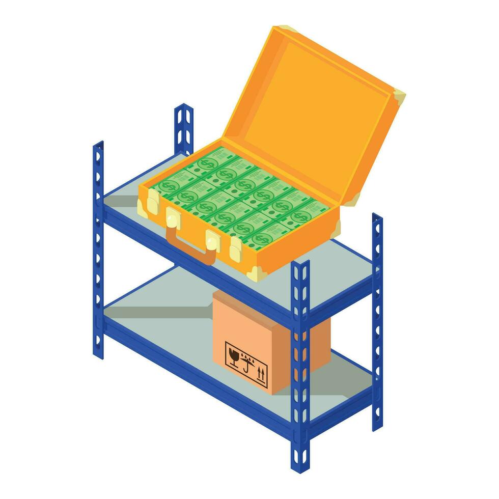 Warehouse business icon isometric vector. Open money suitcase on warehouse rack vector