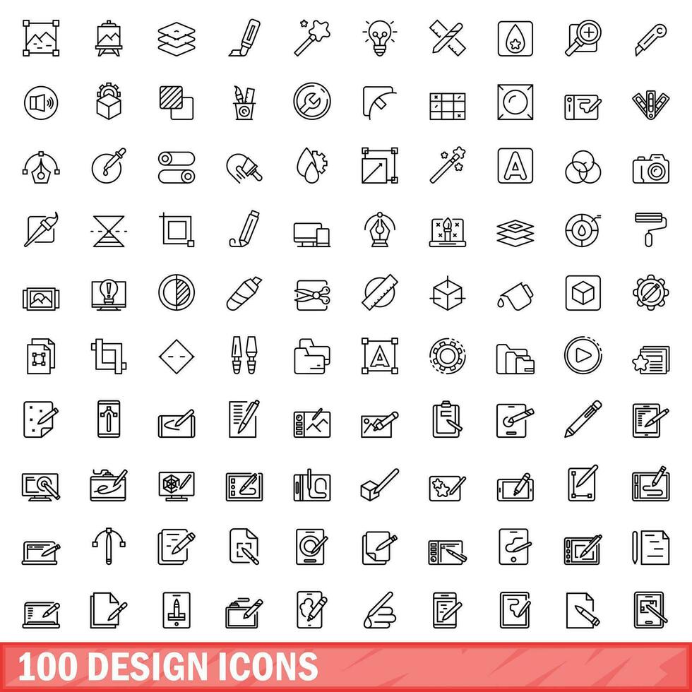 100 design icons set, outline style vector