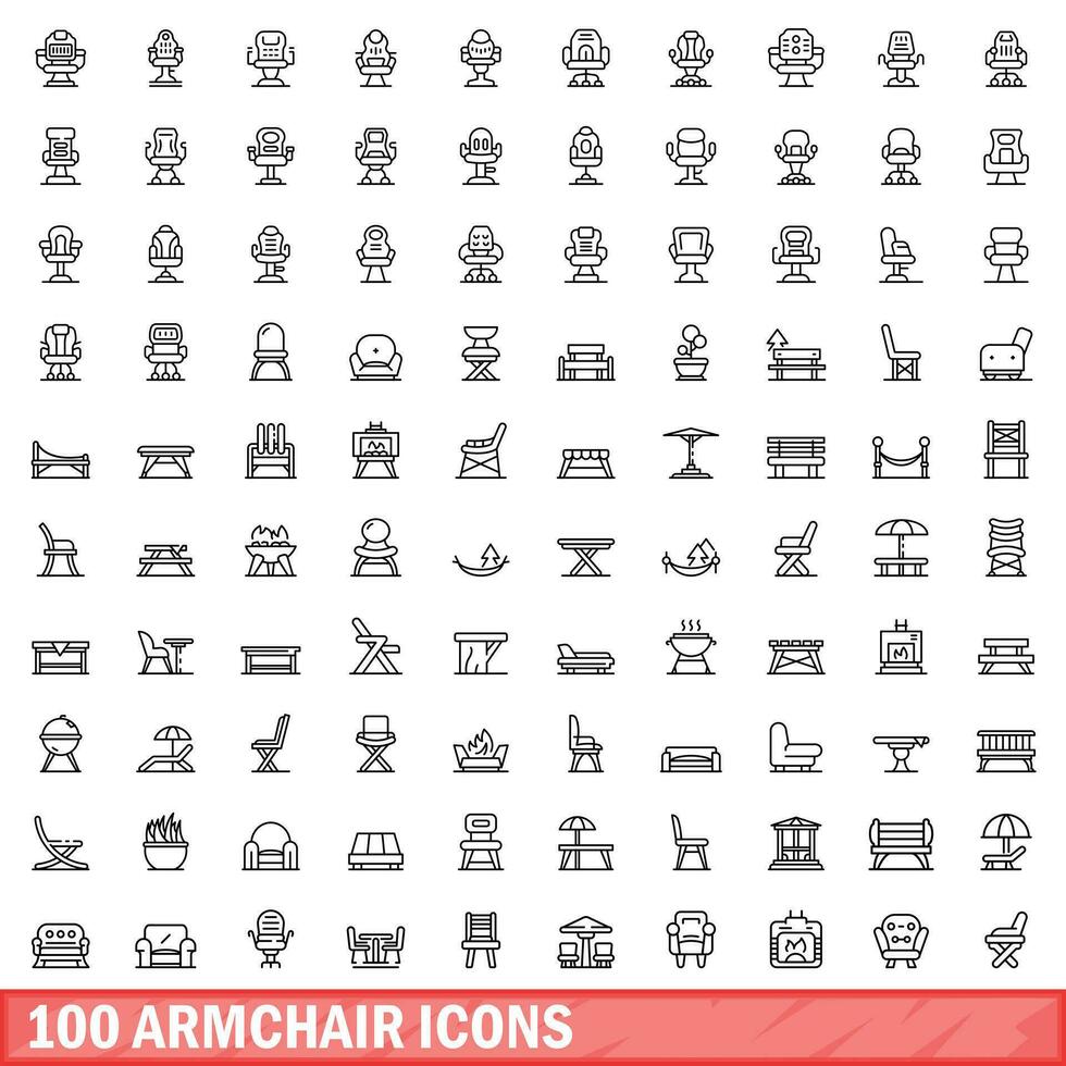 100 armchair icons set, outline style vector