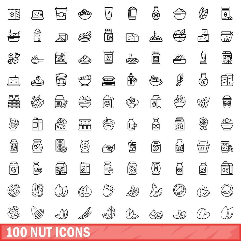 100 nut icons set, outline style vector