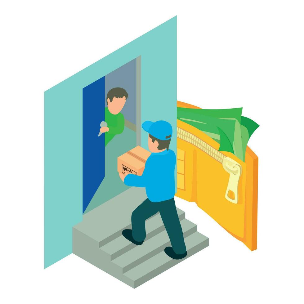 Express delivery icon isometric vector. Delivery man gives big package to client vector