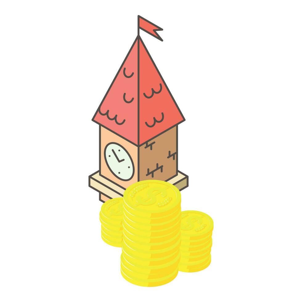 Construction cost icon isometric vector. Clock tower and stack of golden coin vector