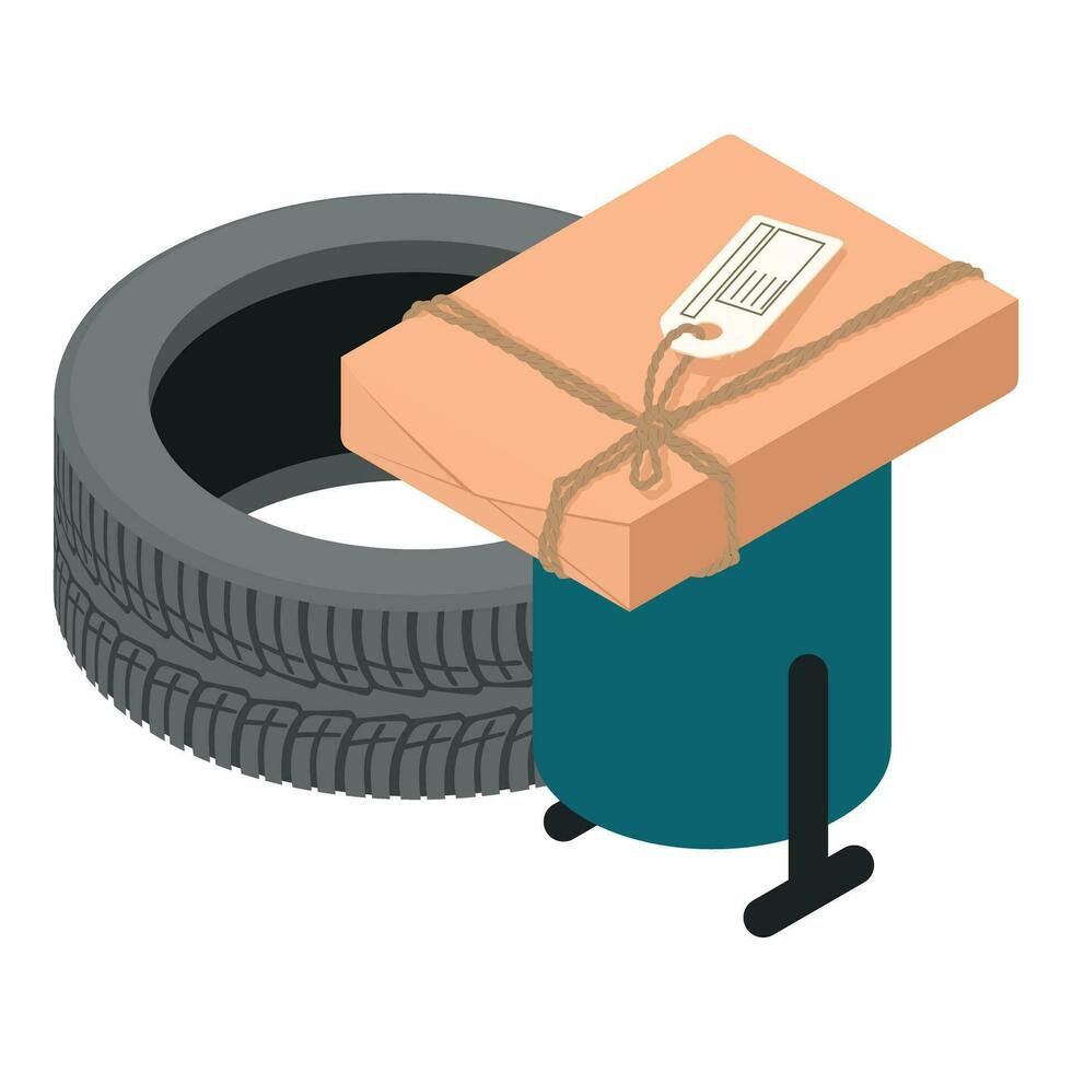 reutilizar concepto icono isométrica vector. desgastado coche neumático y paquete o empaquetar caja cerca contenedor de basura vector