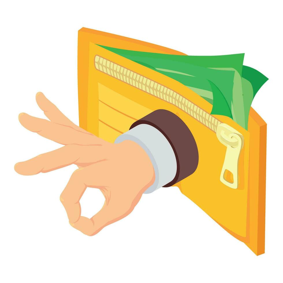 Cashback concept icon isometric vector. Hand showing ok gesture and cash wallet vector