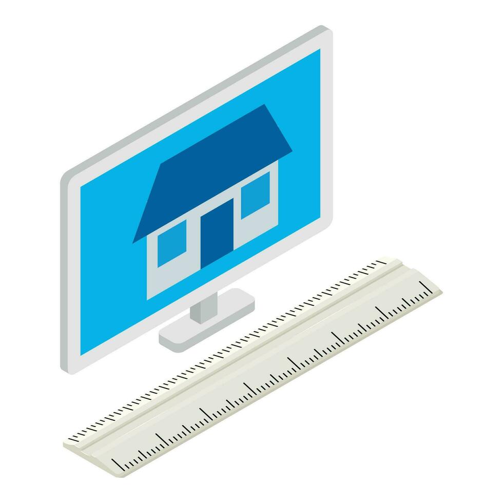 House project icon isometric vector. Building icon on monitor and plastic ruler vector