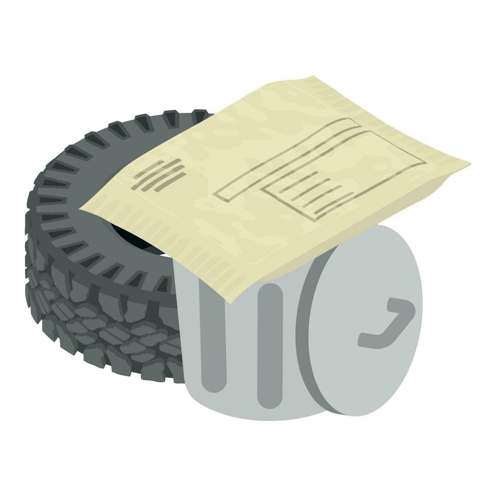 Trash concept icon isometric vector. Worn car tire paper envelope and trash can vector