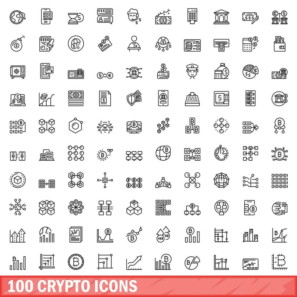 100 crypto icons set, outline style vector