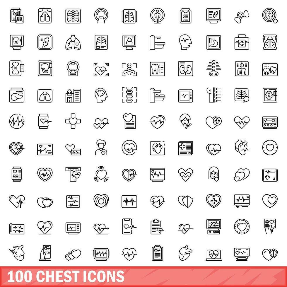 100 chest icons set, outline style vector