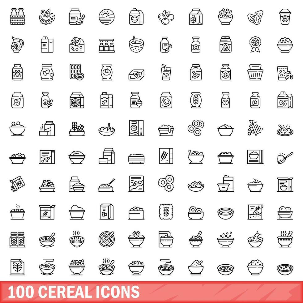 100 cereal icons set, outline style vector
