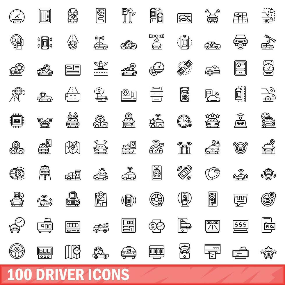 100 driver icons set, outline style vector